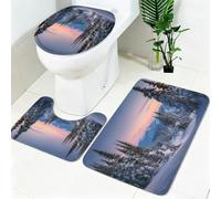 Tapis Salle de Bain 3 Pièces Forêt de pins de Snow Mountain Forme U, Ensemble Tapis WC Antidérapant, Housse Couvercle Toilette Bleu Lavable et Doux Absorbant