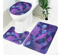 Tapis Salle de Bain 3 Pièces Papillon Aquarelle Forme U, Ensemble Tapis WC Antidérapant, Housse Couvercle Toilette Violet Lavable et Doux Absorbant