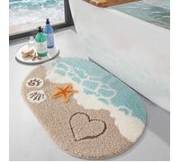 Tapis Salle de Bain Antidérapant 50 x 80 cm, Ovale Tapis Douch Absorbant et Lavable avec Motif Plage et étoile de mer, Beige et Bleu
