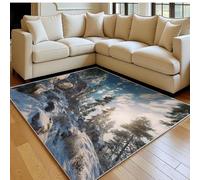 Tapis Salon 120 x 180 cm Rocher de la Montagne enneigée Pin Flanelle Imitation Bois Doux Gris Antidérapant, Grand Tapis Salon Entrée Balcon Couloir Chambre