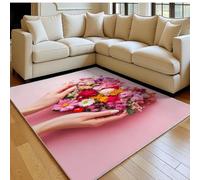 Tapis Salon 140 x 200 cm Bouquet de Fleurs en Forme de cœur Doux Poil Ras Antidérapant Lavable en Machine Rose Grand Tapis Chambre Adulte Salle à Manger Bureau Descente de Lit