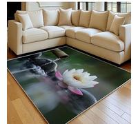 Tapis Salon 160 x 230 cm Pierres et Fleurs de Lotus Doux Poil Court Antidérapant Blanc Grand Tapis Chambre Canapé Couloir Décoration Maison Moderne