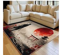 Tapis Salon 160 x 230 cm Samouraï et Tour Doux Poil Court Antidérapant Rouge Grand Tapis Chambre Canapé Couloir Décoration Maison Moderne
