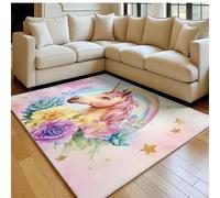 Tapis Salon 60 x 90 cm Licorne Aquarelle Lavable en Machine Rose Tapis Chambre Doux Descente de Lit Adulte Salle à Manger