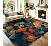 Tapis Salon 60 x 90 cm Motif Champignons Feuilles Fleurs, Moderne Antiderapant Doux Tapis Usine, Bleu Foncé Lavable en Machine Moquette à Poils Courts Decoration pour Chambre Cuisine