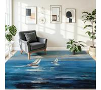 Tapis Salon 90 x 120 cm Lavable en Machine, Poil Court Doux Antidérapant Peinture À L'Huile Tapis, Nautique Voilier Vagues Chambre Interieur Salle a Manger Bureau Cuisine Poil Ras Chambrel, Bleu