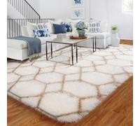 Tapis Salon 90x150cm Géométrie, Tapis Chambre Cool Blanc et Beige, Lavable En Machine Tapis a Motif, Doux Shaggy AntidéRapant Moquette, pour Descente de Lit et Salle de Repos, Salle de Réunion