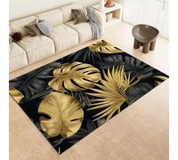 Tapis Salon Or Noir pour Chambre Tapis Poils Ras Tropical Feuilles Végétales Motif Rectangulaire Antidérapant Tapis 60 x 90 cm Idéal pour Les Salons et Les Couloirs Tapis Polyester