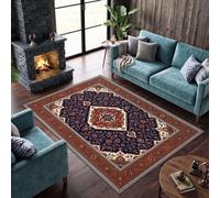 Tapis Salon Oriental Traditionnel Somptueux Medallion Mandala 60 x 90 cm | Tapis de Chambre Bohème Lavable en Machine, Antidérapant, Doux, pour Salle a Manger Chambre d'enfant, Bleu Marine Foncé