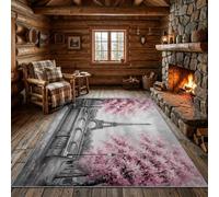 Tapis Salon Poils Ras Peinture à l'Huile Tour Eiffel Cerisiers Gris Rose | Lavable Antidérapant Doux Paris Vintage Super Doux Pliable et Contemporain 80 x 150 cm