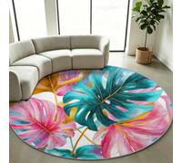 Tapis Salon Rond 180 cm Interieur Tapis Tropical Pop Art, Doux Poils Ras | Plantes Feuille Monstera Multicolore - Lavable en Machine Antidérapant pour Chambre à Coucher Salle à Manger Bureau, Cuisine