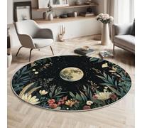 Tapis Salon Rond 180cm Pleine Lune Fleurs Sauvages Mauvaises Herbes Lavable | Antidérapant Poil Ras Tapis Rond Plantes Médicinales Apaisantes Pour Chambre Salle a Manger Salon Décoration D'intérieur