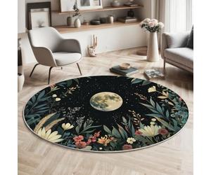 Tapis Salon Rond 180cm Pleine Lune Fleurs Sauvages Mauvaises Herbes Lavable | Antidérapant Poil Ras Tapis Rond Plantes Médicinales Apaisantes Pour Chambre Salle a Manger Salon Décoration D'intérieur