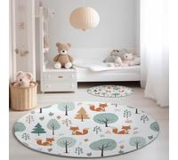 Tapis Salon Rond Motif De Forêt De Renards Pour Enfants Diamètre 100 cm, Style Dessin Animé Tapis Doux Antidérapant pour Chambre d’Enfant Baby Room Salon Salle à Manger Chambre Canapé, Blanc