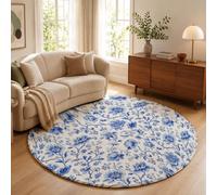 Tapis Salon Rond Rétro Pastorale 80cm, Tapis à Poils Ras Rouleau Pivoine Bleue Blanche Moquette Ronds Antidérapant et Lavable en Machine, Moelleux et Doux pour Chambre Descente de Lit, Bleu Foncé