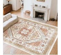 VEVOR Tapis Salon, 2,4 x 3 m, Grand Tapis Chambre Lavable et Antidérapant, Poils Courts et Denses, Résistant aux Griffures Animaux, Doux, Style Vintage, pour Chambre, Bureau, Entrée, Marron et Rouge