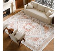 VEVOR Tapis Salon, 2,7x3,7 m, Grand Tapis Chambre Lavable et Antidérapant, Poils Courts et Denses, Résistant aux Griffures Animaux, Doux, Style Vintage, pour Chambre, Bureau, Entrée, Marron et Rouge