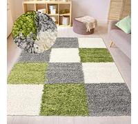Tapis Shaggy Moderne à Poils Longs Design Carreaux Vert Gris crème 160x230cm