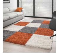 Tapis Shaggy pile longue designe à carreaux TERRACOTTA-BLANC-GRIS - 160x230 cm
