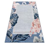 Tapis Structurel BOTANIC 65240 Flamant rose feuilles tissé à plat sur balcon terrasse - bleu foncé 117x170 cm