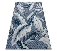 Tapis Structurel BOTANIC 65242 Plumes zigzag tissé à plat sur balcon terrasse - bleu foncé 176x270 cm