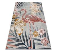 Tapis Structurel BOTANIC 65263 Flamant fleurs feuilles tissé à plat sur balcon terrasse - gris 157x220 cm