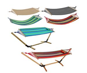 Tapis suspendu fauteuil balançoire panier cadre en bois coussins textiles jardin balcon terrasse meubles Rot