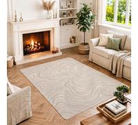 Tapis topographique minimaliste avec lignes ondulées 1,2 x 1,8 m | Palette de couleurs neutres, motif fluide minimaliste, accents d'intérieur contemporains, surface à poils courts