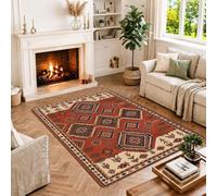 Tapis traditionnel avec médaillons géométriques 1,2 x 1,8 m | Bordure tribale, base en terre cuite, esthétique vintage, style traditionnel, décoration d'entrée