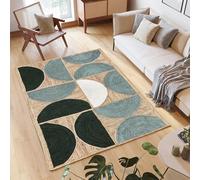 Tapis tressé fabriqué à la main en jute naturelle épaisse de 0,7 cm - Tapis géométrique demi-lune bleu menthe et blanc pour salon, salle à manger, style rustique - 3 x 4,6 m