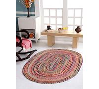 Tapis tressé ovale écologique Mishran Style tissé plat avec jute naturel et matériau recyclé multicolore 120 cm x 180 cm