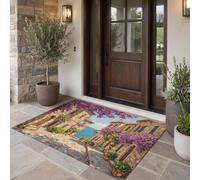 Tapis Ville Européenne pour entrée, tapis de porte d'entrée d'intérieur antidérapant lavable en machine pour cuisine, paillasson décoré de Maison De Pierre Bougainvillée doux,Brun Violet 50 x 80 cm