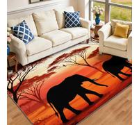 Tapis Vintage Américain 200 x 300 cm, Courts Doux Antidérapant Lavable, Tapis Imprimé Rouge Orange Naturel Plantes Animaux Éléphants pour Salon Chambre Entrée Cuisine