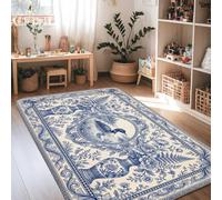 Tapis vintage en toile bleue avec urne d'oiseau 1,2 x 1,8 m