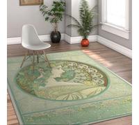 Tapis Vintage Lady Portrait Tapis antidérapant Poil Bas Salle Jeux entrée Cuisine Chambre Salle Eau Femme élégante bohème Fleurs Verts 200x300cm
