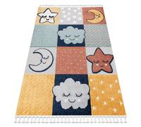 Tapis YOYO GD52 gris / jaune - étoiles nuages patchwork en peluche pour enfants structurelles et sensorielles Franges 120x170 cm