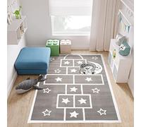 TAPISO Baby Tapis de Chambre Enfant Bébé Fille Garçon Adulte Design Moderne Blanc Gris Bleu Noir Motif Marelle Ourson Lune Tapis de Jeu Poil Court Fin Doux Résistant 140 x 200 cm