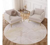 TAPISO Crystal Rond Tapis Poils Courts Moderne Crème Or Beige Blanc Feuilles de Palmier Effet 3D Brillant Doux Tapis Salon Chambre Descente de Lit Oeko-TEX 100 x 100 cm