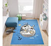 TAPISO Jolly Tapis de Chambre Enfant Bébé Design Moderne Bleu Gris Blanc Jaune Ourson Bateau Fin Doux 140 x 200 cm