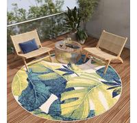 TAPISO Patio Rond Tapis Extérieur Intérieur Terrasse Balcon Jardin d'hiver Cuisine Salon Moderne Vert Bleu Jaune Feuilles Aspect 3D Résistant aux Intempéries Oeko-TEX 100 x 100 cm