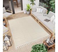TAPISO Rio Loop Tapis Extérieur Intérieur à Franges Terrasse Balcon Jardin d'hiver Salon Cuisine Moderne Crème Rayé Aspect 3D Résistant aux Intempéries Oeko-TEX 140 x 200 cm