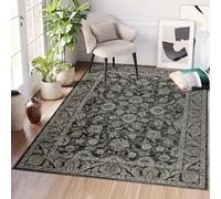 TAPISO Ritz Tapis Poils Ras Antidérapant Lavable Vintage Noir Marron Gris Ornamental Floral Bordé Tapis Salon Chambre Salle à Manger Entrée OEKO-TEX 80 x 150 cm
