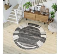Tapiso Sari Rond Tapis de Salon Chambre Ado Moderne Géométrique Bordé Rayures Noir Gris Frise 130 x 130 cm