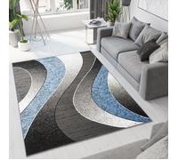 TAPISO Tapis Salon Poil Court DREAM Bleu Gris Noir Vagues 100% Polypropylène Intérieur 250x300 cm