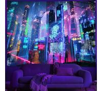 Tapisserie Cyberpunk City Sci-Fi réactive aux UV, néon sous lumière noire, futuriste, en tissu peau de pêche pour décoration murale de chambre et de salon 1