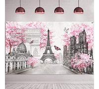 Tapisserie de Fond Paris - Art Mural - Tour Eiffel - Bannière Photo - Paysage Urbain européen - Rose - Décoration Murale pour Salon, Chambre de Fille, décoration de fête, 183 x 119 cm