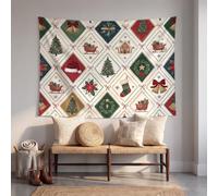 Tapisserie Murale Aesthetic Patchwork Noël Champêtre Couverture Murales, 150x130 cm | Tenture Murale Sapin Noël Bonnet Père Noël Cloche Décoration Murales Tissu Pour Chambre à Coucher, Salon, Dortoir