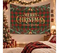 Tapisserie Murale Carreaux De Noël Rétro en Tissu, 230x180 cm | Tenture Murale XXL, Tapis Mural Cloche Cône De Pin, Décoration Murale pour Maison Salon Chambre Dortoir, Facile à Installer Vert Foncé