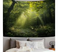 Tapisserie Murale Décorative Chambre - Photographie paysage La lumière du soleil filtre à travers la forêt - 100 x 70cm - Papier Peint Tissu - Tapestry Aesthetic Wall - Décoration Panoramique - Vert