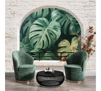 Tapisserie Murale Papier Peint Intissé 3D feuilles de Monstera Mur en briques avec fenêtre plantes vertes tropicales réalistes Décoratif pour Salon Chambre Non Autocollant,Vert forêt,400x280cm